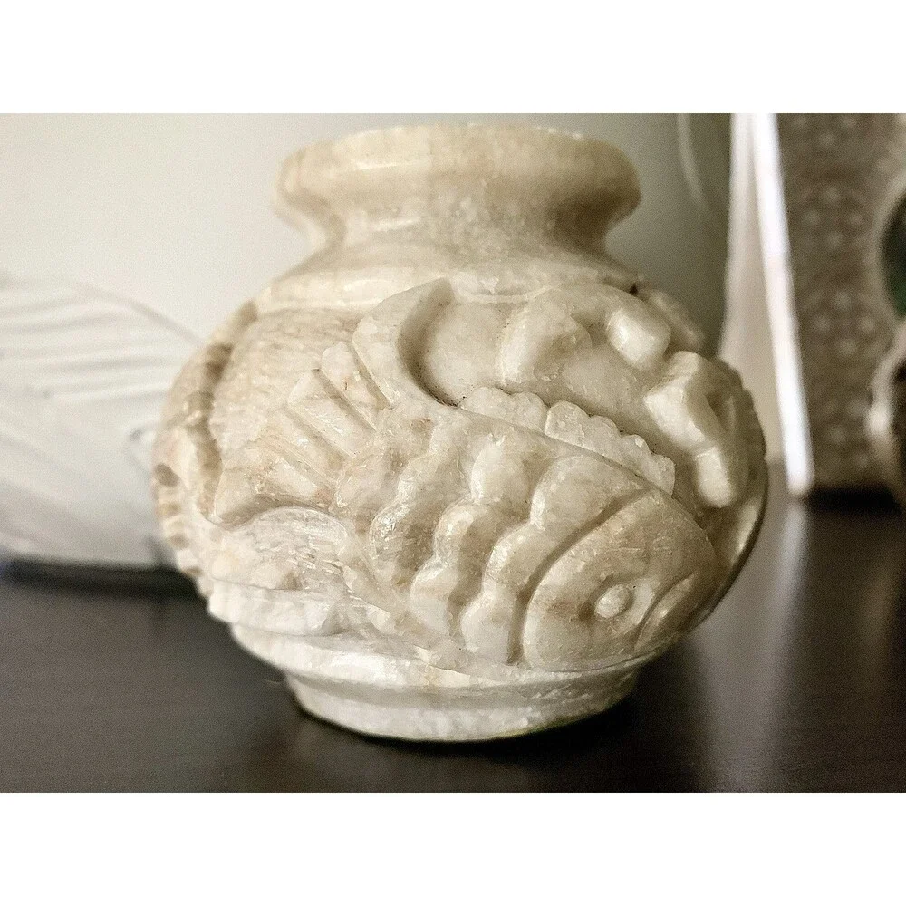 Vintage Chinese Hand Carved Soapstone Vase Double Koi Fish Motif Asian Decor
